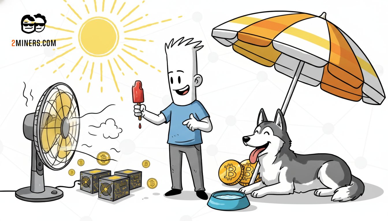 2Miners July 2026 work progress report - miner cooling ASIC rigs with a fan in summer heat