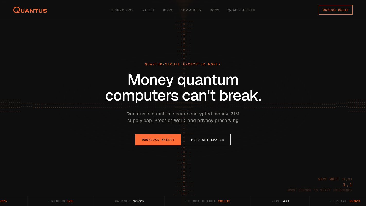 Quantus Network website: post-quantum Proof-of-Work coin QTC with 21M supply cap
